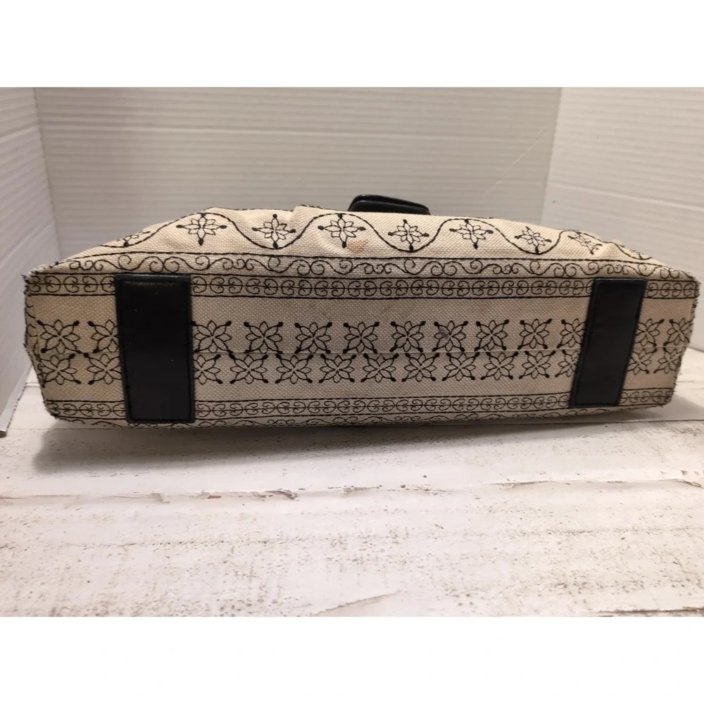 Kate Landry Beige & Black Embroidered Hobo Bag with Bamboo Accents